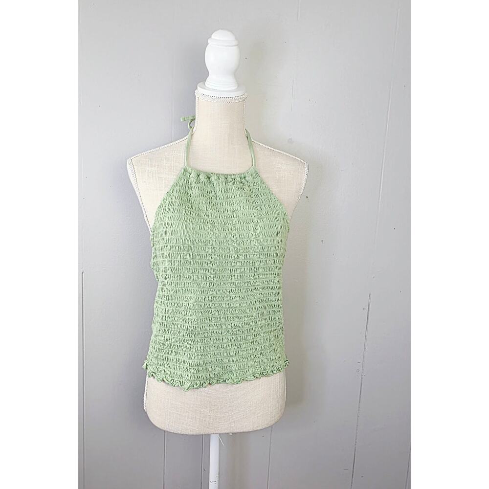 Old Navy Halter Top XL 1X Sage Green Smocked Stretch Y2K Retro Boho Festival - Picture 2 of 11